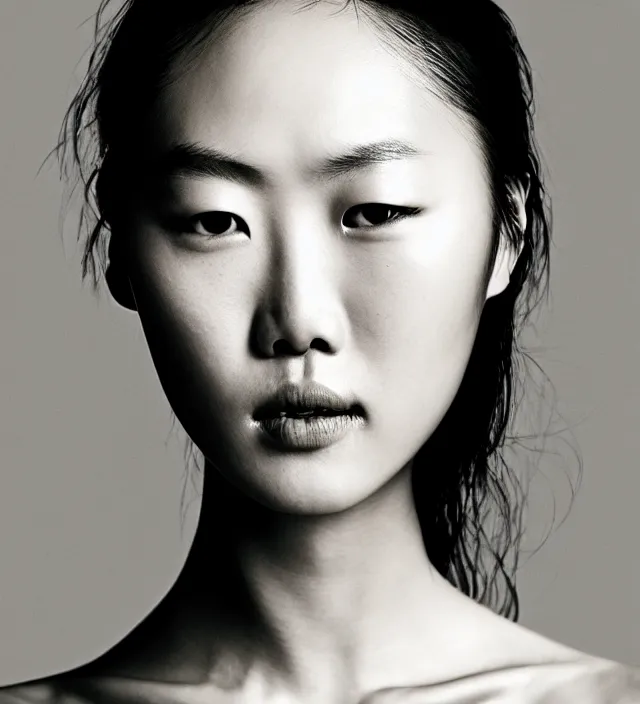 Image similar to photography facial portrait of liu wen, natural background, sensual lighting, natural fragile pose, wearing stunning cape by iris van herpen, with a colorfull makeup. highly detailed, skin grain detail, photography by paolo roversi, nick knight, helmut newton, avedon, araki