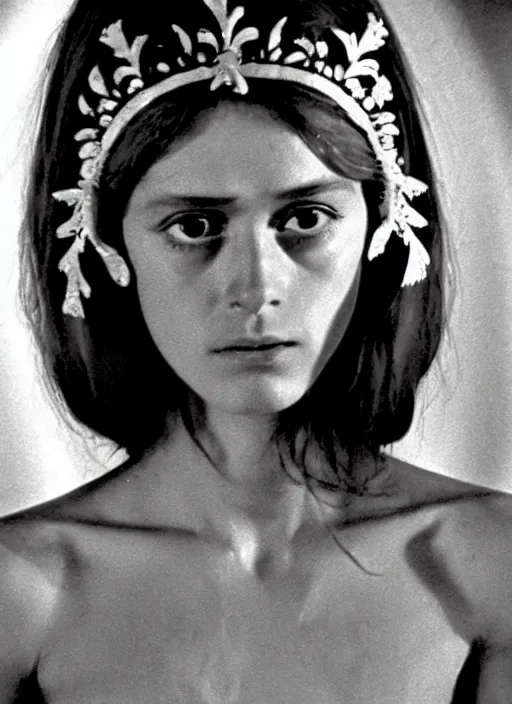 Image similar to 1971 film still from an Italian drama film of a young French actress as the goddess of razor blades. ultra detailed painting at 16K resolution and amazingly epic visuals. epically beautiful image. amazing effect, image looks gorgeously crisp as far as it's visual fidelity goes, absolutely outstanding. vivid clarity. ultra. iridescent. mind-breaking. mega-beautiful pencil shadowing. beautiful face. Ultra High Definition. godly shading. amazingly crisp sharpness. photorealistic film cel processed twice..