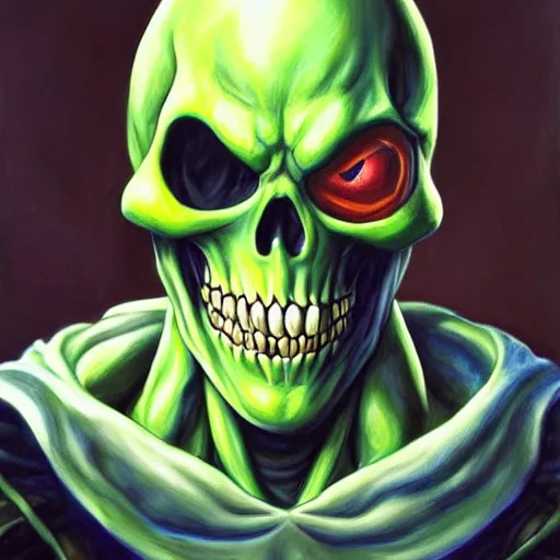 Prompt: ultra realistic portrait painting of skeletor as piccolo, art by akira toriyama, 4 k, ultra realistic, highly detailed, epic lighting