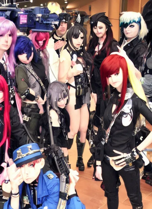 Image similar to hot topic anime convention, military fashion cosplay, camcorder vhs footage