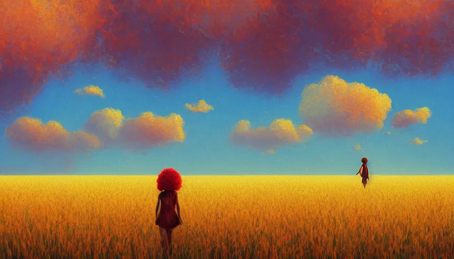 Image similar to giant red carnation afro head, full body, full body, girl walking in a wheat field, surreal photography, hills, sunrise dramatic light, impressionist painting, colorful clouds, digital painting, pointillism, artstation, simon stalenhag