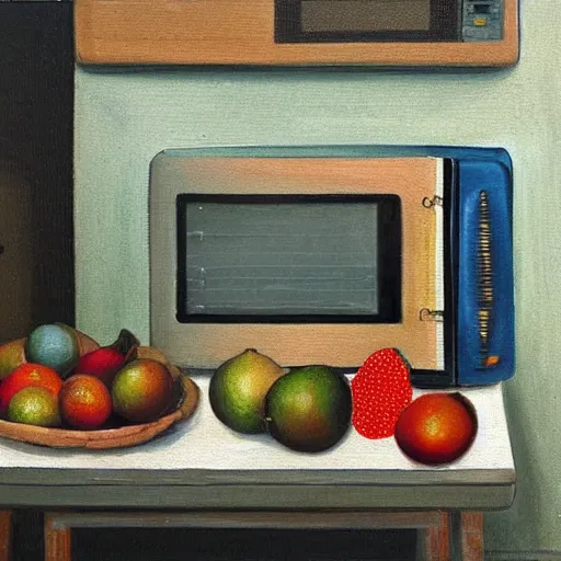 Prompt: A still life of a microwave, Gaspar Peeter, Max Carlier, painting, table, fruit bowl