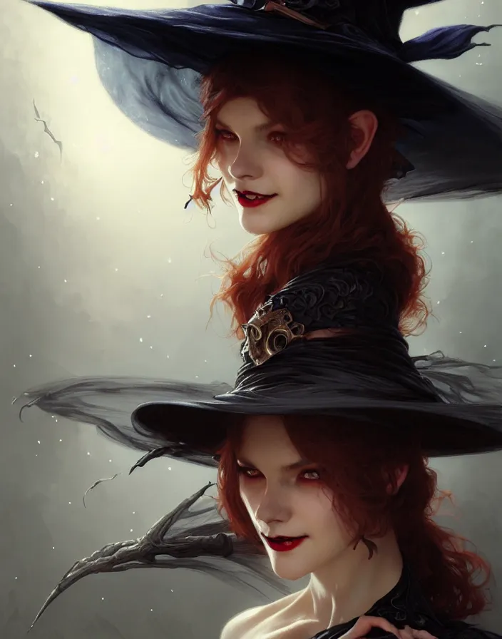 Prompt: halloween witch woman in a hat smiles, fantasy magic by ruan jia, undercut hairstyle, dark light night, intricate, elegant, sharp focus, illustration, highly detailed, digital painting, concept art, matte, art by wlop and artgerm and greg rutkowski and alphonse mucha, masterpiece