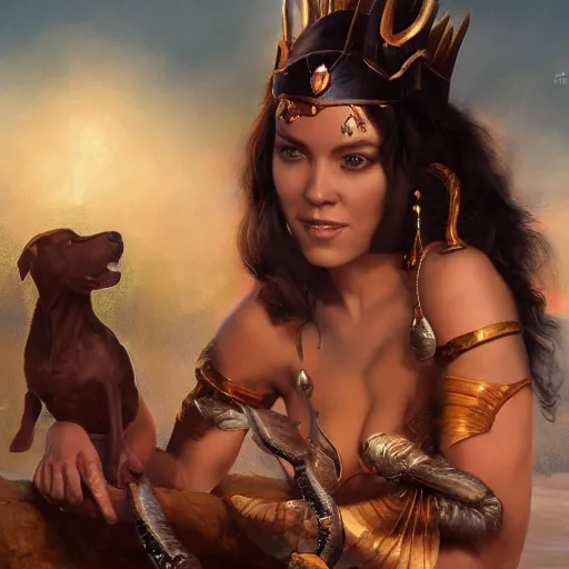 Prompt: Princess Dejah Thoris of Helium with Martian dog Woola, 4k oil on linen by wlop, artgerm, andrei riabovitchev, nuri iyem, james gurney, james jean, greg rutkowski, highly detailed, soft lighting 8k resolution