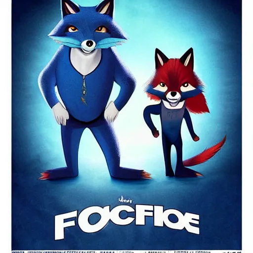 Prompt: realistic movie poster, featuring in anthropomorphic blue male foxes dressed cool, promotional movie poster print