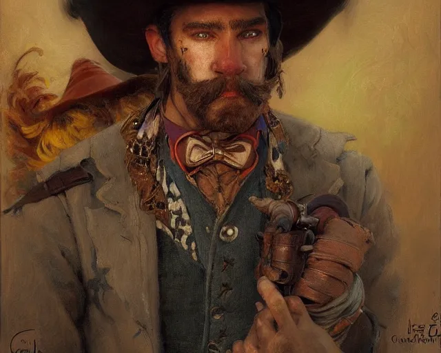 Prompt: portrait of a a thief cowboy clown, highly detailed painting by gaston bussiere, craig mullins, j. c. leyendecker 8 k