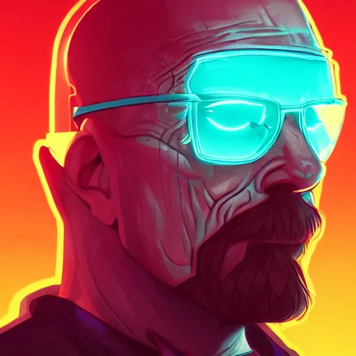 Prompt: high quality, walter white, portrait, cyberpunk colors, neotrad, lois van baarle, moebius, league of legend, arcane style