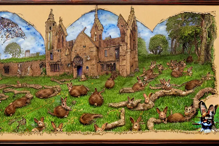 Prompt: an elaborate and dense painting of redwall abbey in mossflower wood with lots of mice and rabbits and otters walking around, detailed, made of alcohol ink on parchment and penned illustrations, by brian jacques