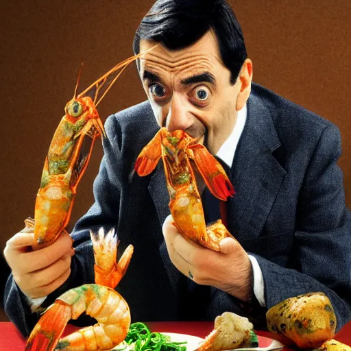 Prompt: , realistic HD photo of Mr Bean , Eating a huge prawn