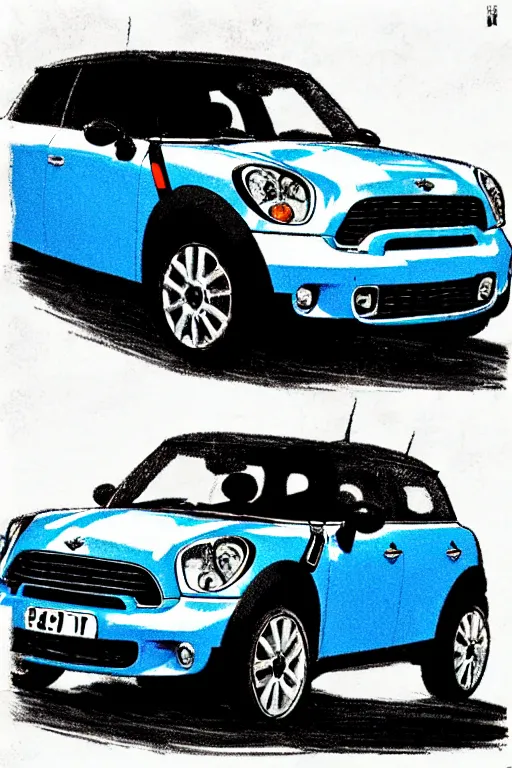 Image similar to “Poster of Mini Cooper Countryman Hybrid in the middle of viking battle. Retro cartoon caricature.”