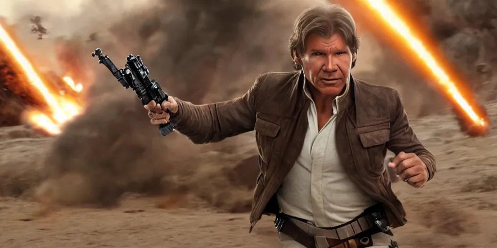 Prompt: han solo harrison ford 1 9 8 3, motion blur runs through massive battlefront, mcu style, explosions, fire, real life, spotted, ultra realistic face, 4 k, movie still, uhd, sharp, detailed, cinematic, render, modern