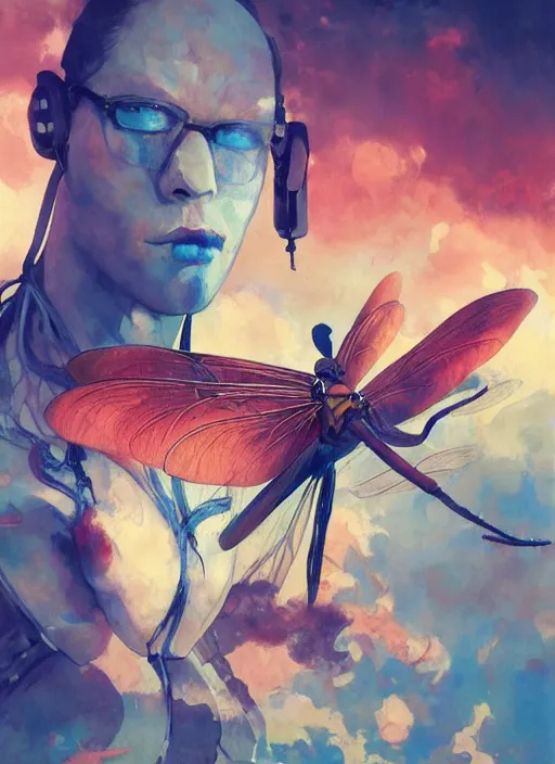 Image similar to surreal gouache painting, by yoshitaka amano, by ruan jia, by Conrad roset, by good smile company, detailed anime 3d render of a Colorful Giant dragonfly sitting on a DJ mixer, portrait, cgsociety, artstation, rococo mechanical and electronic, dieselpunk atmosphere