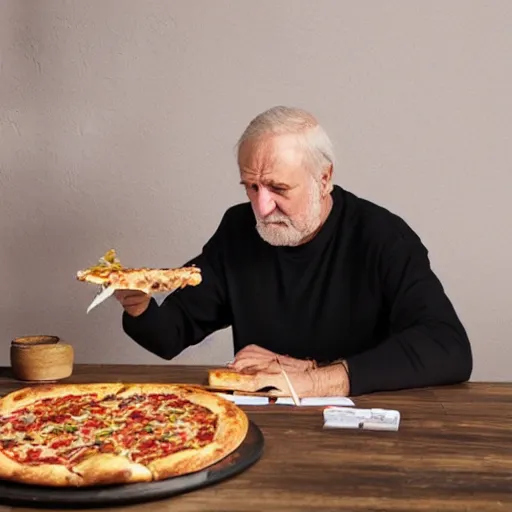 Image similar to a grumpy old danish man with long black hair eating pizza while DMing an AD&D game, D&D, rogue, dark hair, skinny, middle aged, D&D dice on table, papers on table, character sheets on table, natural lighting, black hair