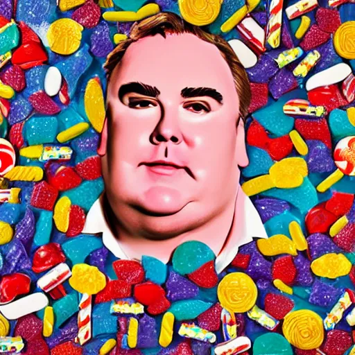 Image similar to a portrait of of john candy constructed from candy, collage, drop shadow, organic, layered composition, layers, texture, mcu, petals, highly textured, layered, sculpted, dynamic,