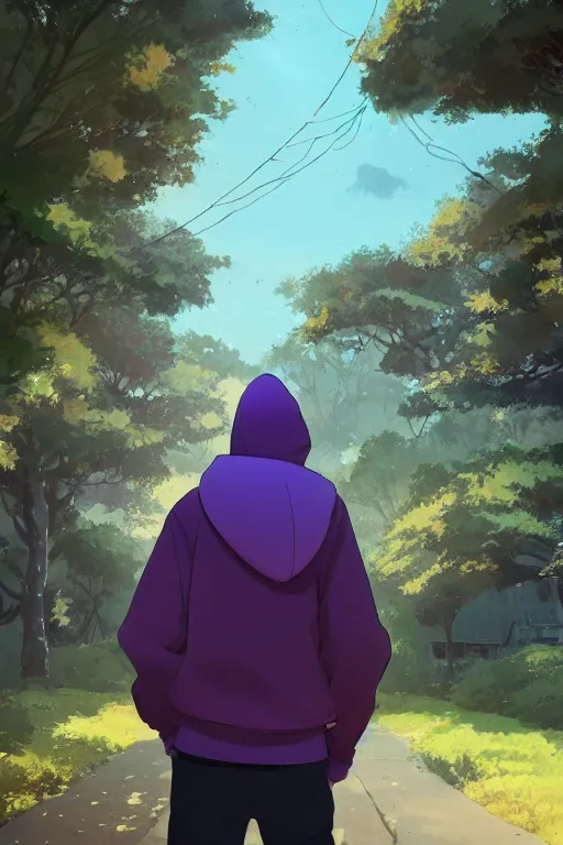 Image similar to young man in a purple hoodie, back view, messy short brown hair, detailed neighbourhood background, trees, colourful, 8 k, anime, ghibli style, graphic novel, digital art trending on artstation, volumetric lighting, octane render, cinematic, hyper detailed