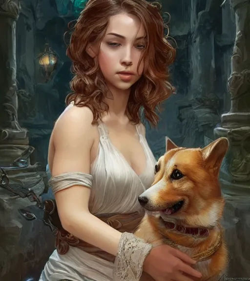 Image similar to full portrait of a young, attractive woman petting a corgi dog, soft hair, muscular, half body, cloth, d & d, fantasy, intricate, elegant, highly detailed, digital painting, artstation, concept art, smooth, sharp focus, illustration, art by artgerm and greg rutkowski and alphonse mucha