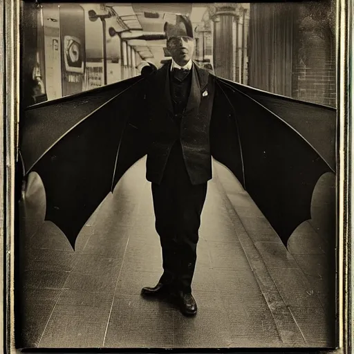 Prompt: A handsome Englishman sprouts large black bat wings in the London underground, wet plate photo, slight blur, Victorian England