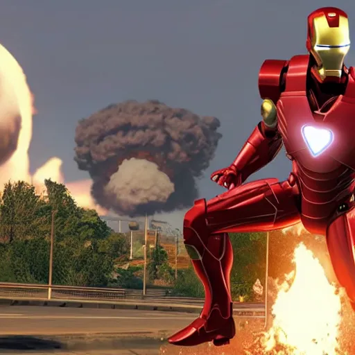 Image similar to iron man in gta v, nuclear explosion, epic battle, realism, mushroom cloud