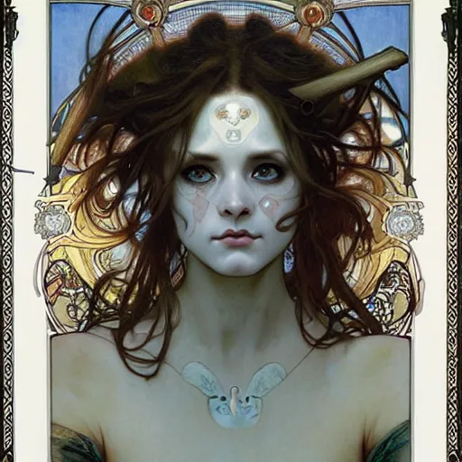 Prompt: realistic detailed face portrait of Hades by Alphonse Mucha, Ayami Kojima, Amano, Charlie Bowater, Karol Bak, Greg Hildebrandt, Jean Delville, and Mark Brooks, Art Nouveau, Neo-Gothic, gothic, dark ominous colors