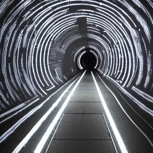 Prompt: A tunnel glowing with lines on the walls leading to the darkness