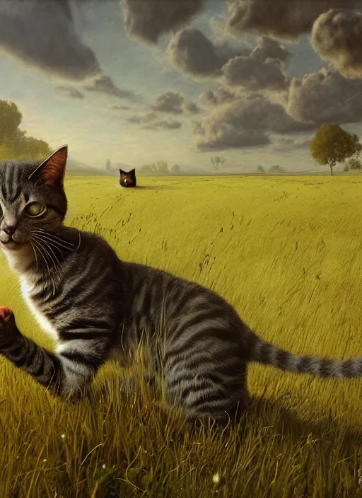 Prompt: the cat in the field from poppy and tulip, hyperrealism, no blur, 4 k resolution, ultra detailed, style of tyler edlin, tom bagshaw, arthur rackham, ivan shishkin