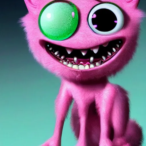 Prompt: cute fluffy demon from pixar, pink, huge green piercing eyes, electricity around,