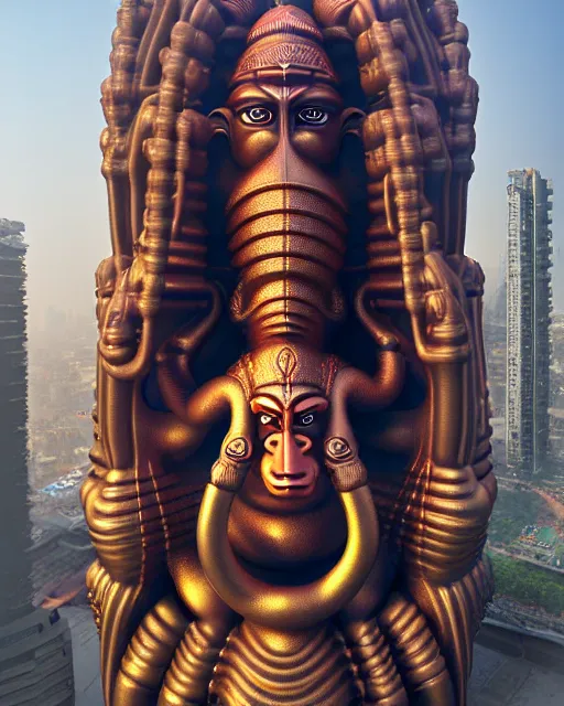 Image similar to high quality 3 d futuristic biomorphic hanuman! head building in mumbai!! centre, highly detailed, cinematic smooth, berenice abbott & john j. park, dramatic warm morning light, wide shot, high angle, uhd 8 k, sharp focus