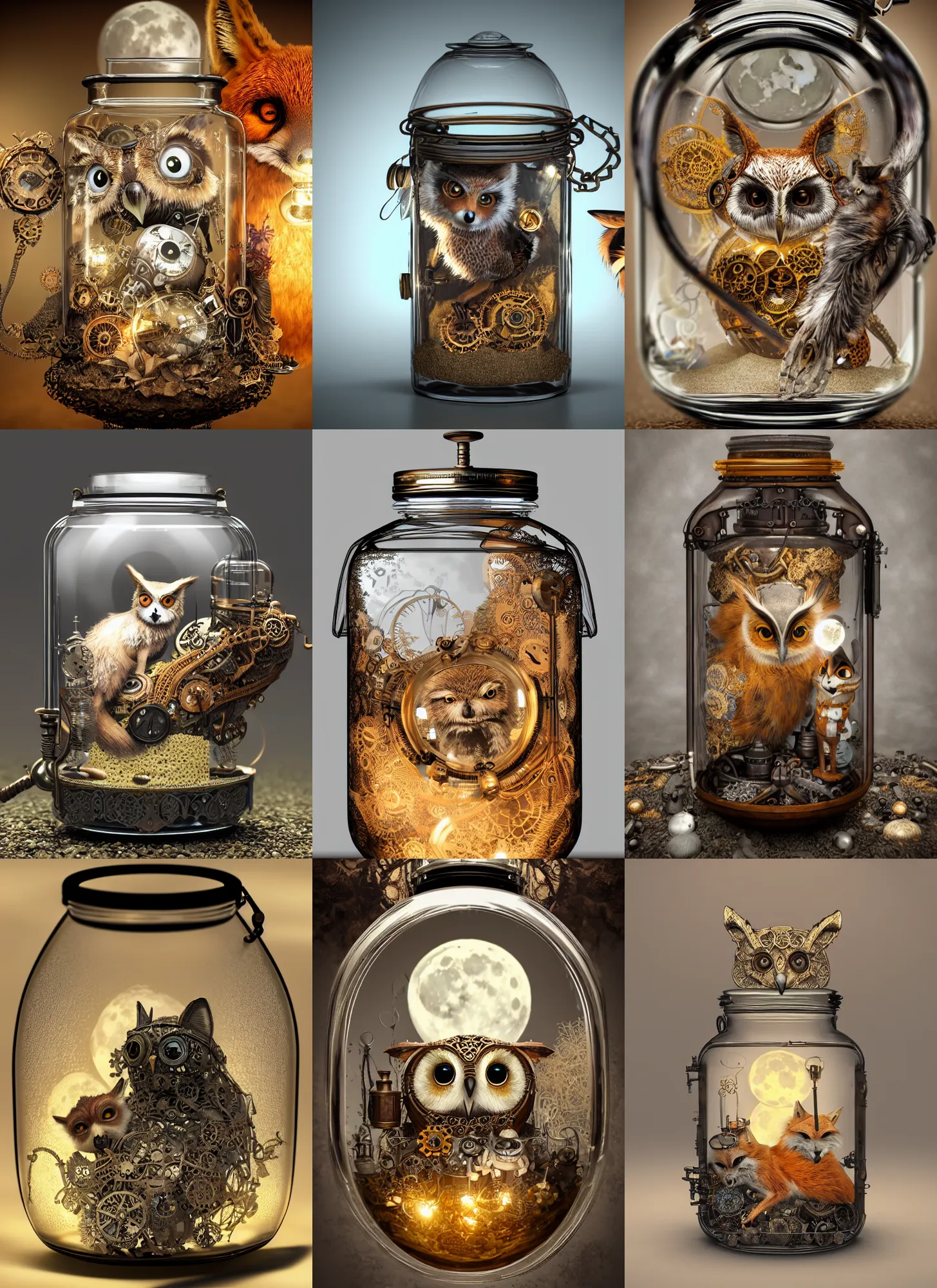 Prompt: steampunk owl and fox inside a glass jar, full moon buried in sand, intricate detail, hyper detailed, ultra realistic, sharp focus, octane render, lantern, volumetric, ray tracing, artstation trending, moon, flowery, pocketwatch, cgsociety, sense of awe, mystical, moon, 4 k