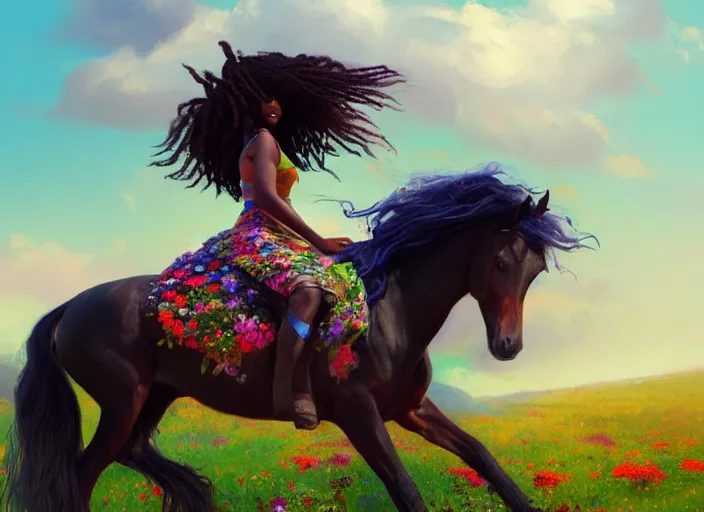 Prompt: full body portrait of young black woman riding a horse, flowing dreads, beautiful clydesdale, field of colorful flowers, highly detailed, digital painting, artstation, concept art, smooth, sharp focus, illustration, face by wlop, illustrated by mars ravelo and greg rutkowski