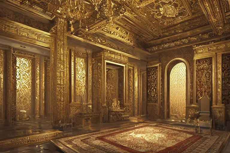 Image similar to Fantasy Asian inspired royal throne room with infinitely high ceilings, infinitely long corridors, gilded and bejeweled, natural lighting, digital painting, concept art by Shaddy Safadi