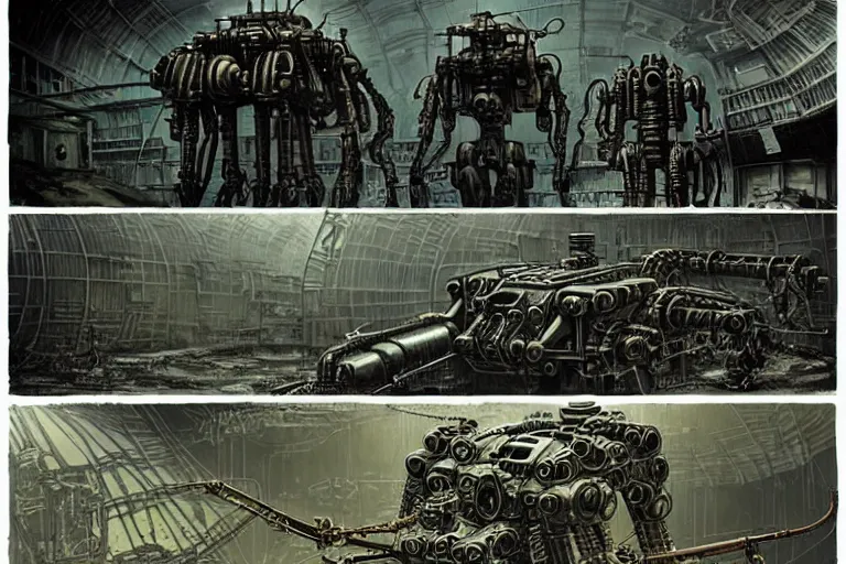 Image similar to dieselpunk mechs in shape of dragonfly that look like Dragonfly, inside an gigantic underground concrete doom hangar, interior structure, drains, storm drains, jungle, vines, algea, cables, panels, walls, ceiling, floor, doors, brutalist architecture, intricate ink drawing, highly detailed in the style of Ashley Wood, moebius and Tsutomu Nihei, photorealistic, cinematic, intricate detail, well lit,