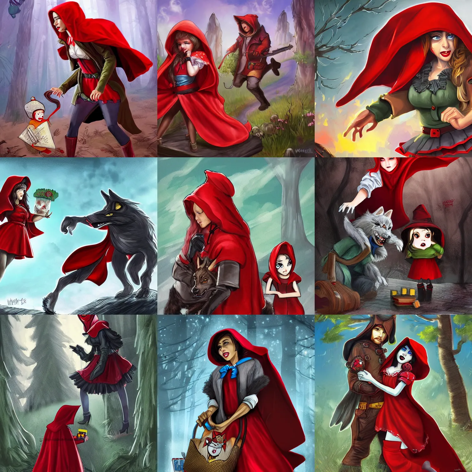 Prompt: Little Red Riding Hood and the Big Bad Wolf team up for a heist, fantasy splash art by Wesley Burt