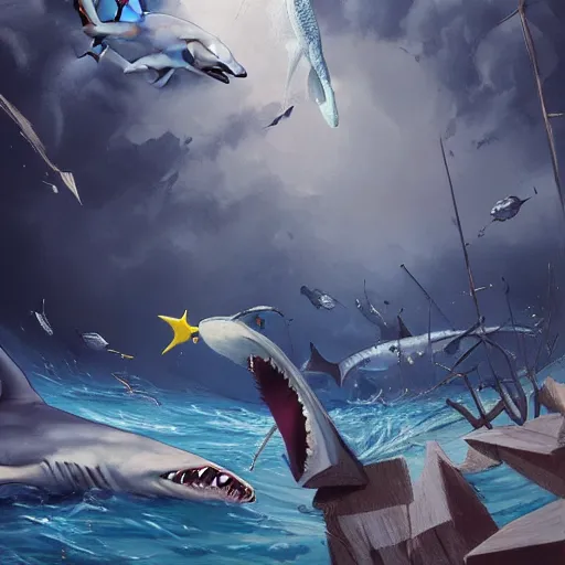 Image similar to Shark Throwing out the trash, high quality painting trending on artstation