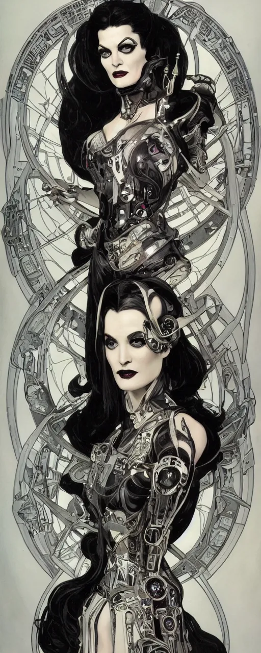 Image similar to a beautiful and captivating sci - fi art nouveau style portrait of lily munster as a futuristic gothpunk rebel soldier by chris achilleos, travis charest and alphonse mucha, mixed media painting, photorealism, extremely hyperdetailed, perfect symmetrical facial features, perfect anatomy, ornate declotage, circuitry, technical detail, confident expression, wry smile