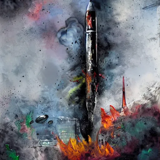 Image similar to a rocket crashed in the city. destruction. fear. sadness. deaths. apocalyptic. digital art. painting. high quality. high definition.