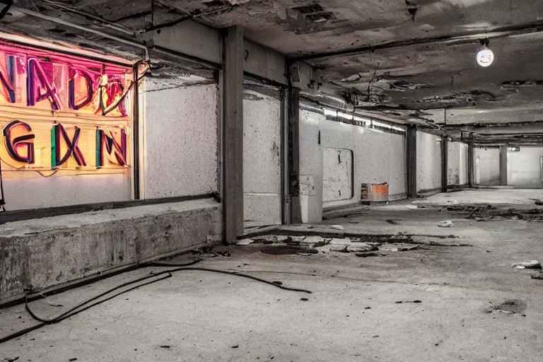 Prompt: abandoned industrial basement lit by a neon sign that says GAK