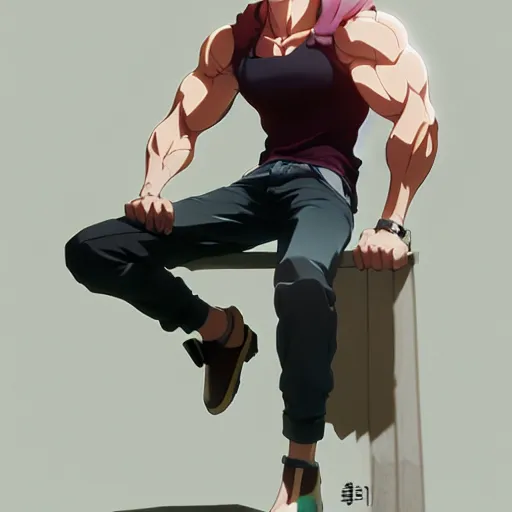Image similar to a handsome muscular man wearing fashionable street attire, sitting down casually, square masculine facial features, short messy hair, intimidating appearance, 3 d octane render, unreal engine 5, ultra high detail, cel shaded, trending on pixiv fanbox, by greg rutkowski makoto shinkai takashi takeuchi studio ghibli, akihiko yoshida