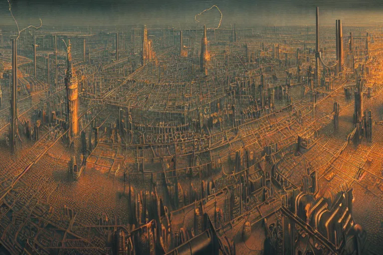Prompt: an elaborate penned illustration of a apocalyptic intricate connected city of tubes and pipes, muted colors, copper pipers, by jan van haasteren and jheronimus bosch, unreal engine, physically based rendering, ariel view, tilt - shift, shiny, industrial, water, smoke, reflective, cinematic, isometric, beksinski