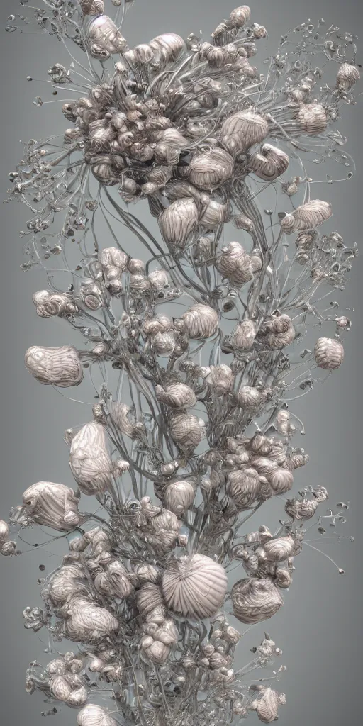 Image similar to a render of a 3 d organic structure, wilted flowers, c 4 d, by zhelong xu and ernst haeckel, hyper realistic, plain background, 8 k, volumetric lightning, trending on artstation