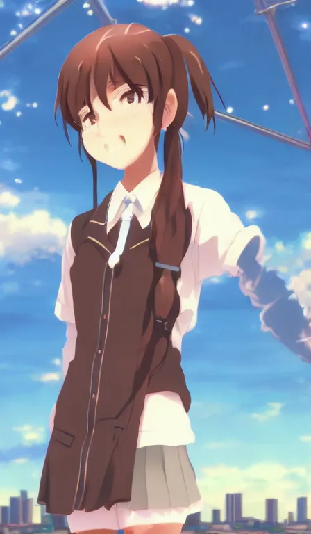 Image similar to anime fine details portrait of a school girl in front of modern tokyo city landscape on the background deep bokeh, close-up view, anime masterpiece by Makoto Shinkai, 8k, sharp high quality anime, artstation