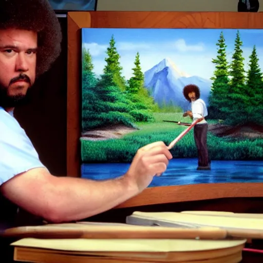 Image similar to a closeup photorealistic photograph of bob ross working on an image of kenny powers autographing a baseball on a canvas. mountains and trees. film still. brightly lit scene. this 4 k hd image is trending on artstation, featured on behance, well - rendered, extra crisp, features intricate detail, epic composition and the style of unreal engine.