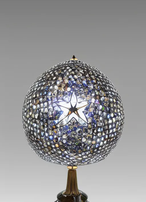 Prompt: Table lamp in the shape of a star, with precious stones, designed by Rene Lalique