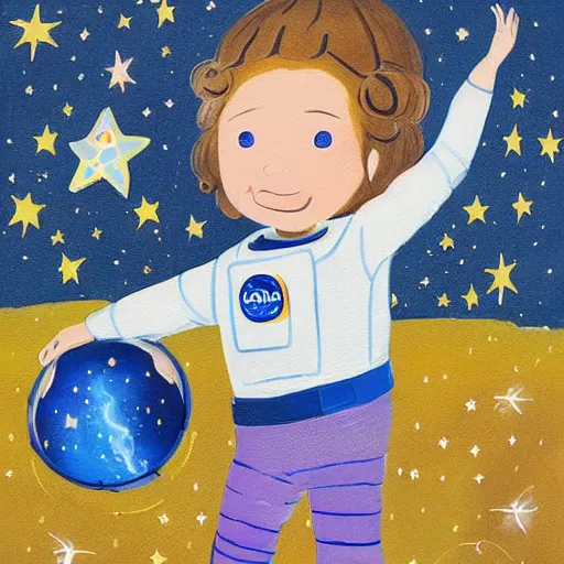 Image similar to a cute little girl with a round cherubic face, blue eyes, and short wavy light brown hair smiles as she floats in space with stars all around her. she is an astronaut, wearing a space suit. beautiful painting with highly detailed face by quentin blake and axel scheffler and greg rutkowski