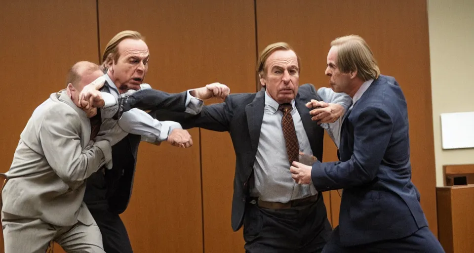 Prompt: saul goodman fighting michael mckean in court, still from better call saul