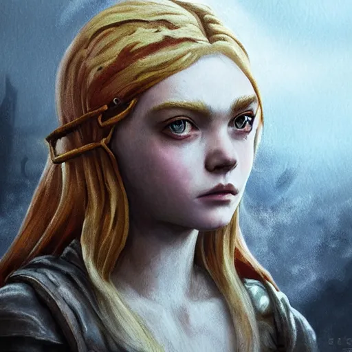 Image similar to Elle Fanning in the painted world of Dark Souls, head and shoulders masterpiece, apocalypse, golden hour, cosmic horror, artstation, in the style of Renaissance, extremely detailed