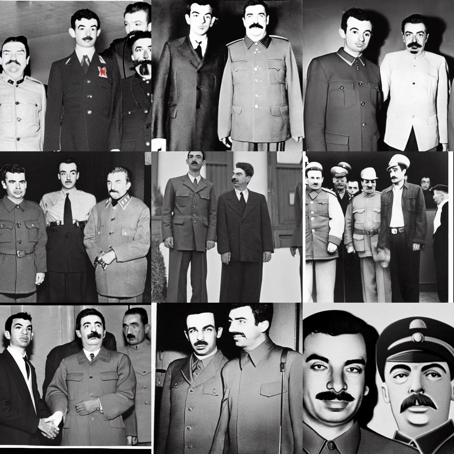 Prompt: Nathan For You, Nathan Fielder, Standing next to Joseph Stalin, black and white 1940