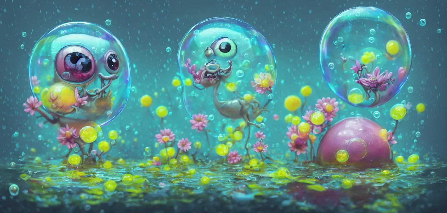 Prompt: intricate colourful murky nature with cute friendly happy bubble with beauty cute eyes and funny face appearing from the flowers in water, in the style of craola, shallow depth of field, highly detailed, digital painting, trending artstation, concept art, illustration, cinematic lighting, vibrant colors, photorealism, epic, octane render