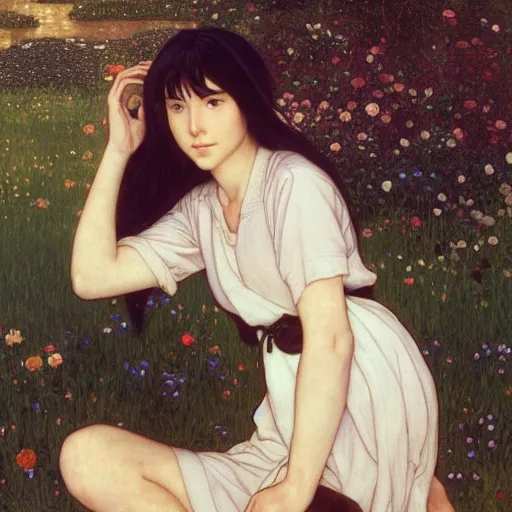 Image similar to A young woman with black long hair and ponytail hairstyle in shorts and white shirt and chucks drawn by Donato Giancola and Makoto Shinkai, Edmund Leighton, Alphonse Mucha, background by James Jean and Gustav Klimt, 4k, porcelain skin, volumetric lighting, komorebi, french nouveau, trending on artstation, octane render, hyperrealistic