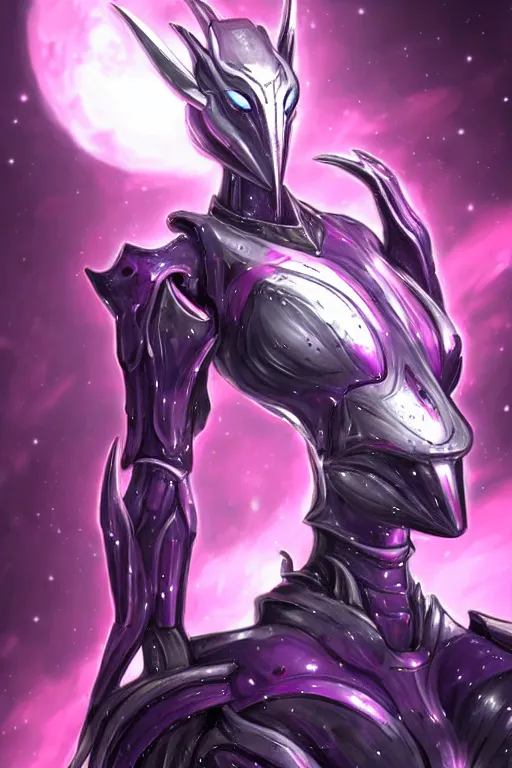 Image similar to cinematic bust shot, detailed elegant beautiful stunning giant robot mecha hot female goddess dragon, sharp spines, sharp metal ears, smooth purple eyes, smooth fuschia skin, elegant smooth silver armor, nebula size, space, epic proportions, epic scale, warframe fanart, macro giantess, furry art, dragon art, goddess art, giantess art, furaffinity, octane