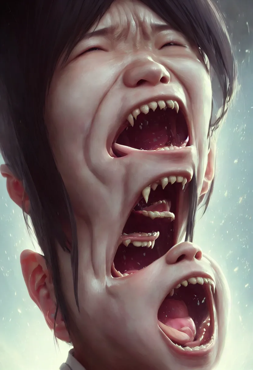 Image similar to beautiful render, waist up portrait of a futuristic cute japanese teenager screaming in anger and frustration, intricate, elegant, highly detailed, digital painting, artstation, concept art, smooth, sharp focus, octane render, dramatic lighting, symmetry, symmetrical face, ONE FACE, headshot, art by greg rutkowski and wlop